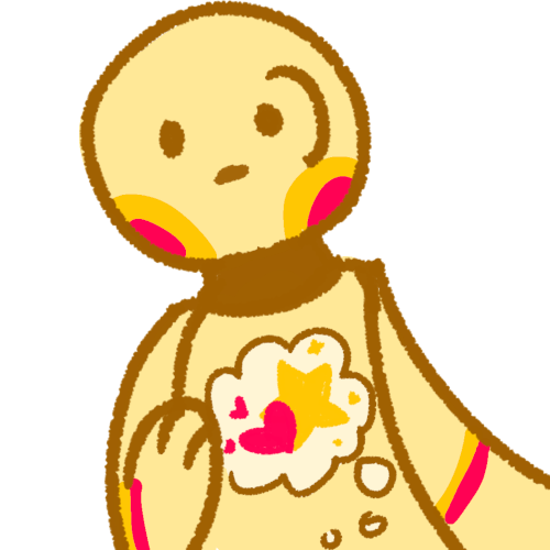 a energetic pale yellow person with yellow and pink cheeks and joints holding their hand to their chest and the other hand swinging by their side. On their chest is a pale white thought bubble with a star and heart inside, representing interests